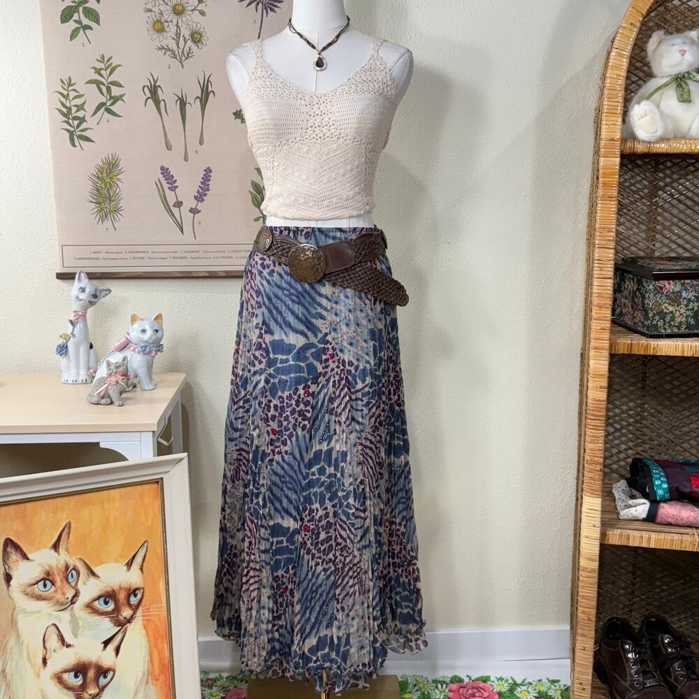 Y2k Animal Print Sequin Beaded Maxi Skirt Coastal Cowgirl Boho Fairy Grunge XS S